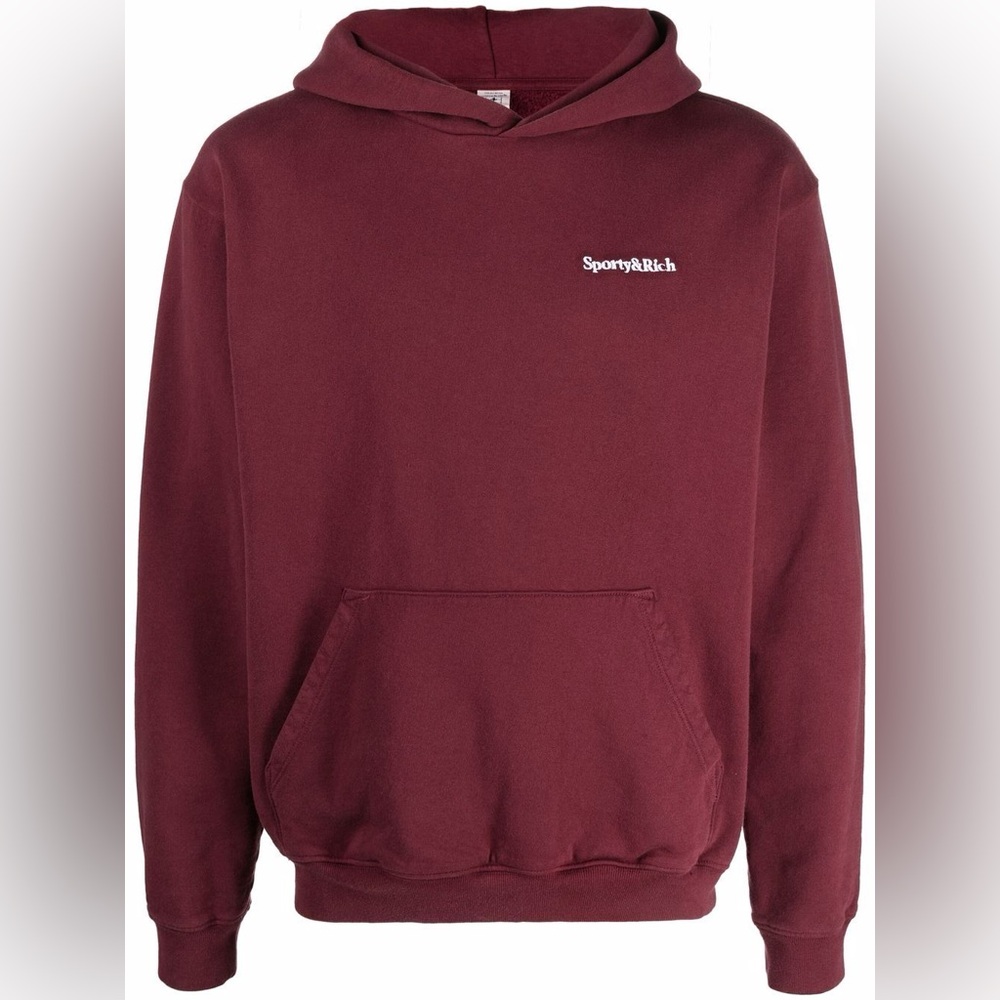 Sporty & Rich logo embroidered cotton maroon hoodie in size Small